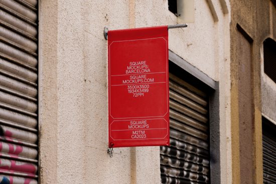 Red hanging shop sign mockup on urban wall for logo and branding design presentations, high resolution, realistic textures, easy to edit.